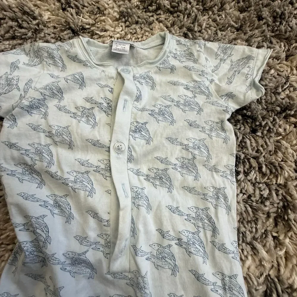 Feather Baby 9-12 Months Pima Cotton Blue Fish Romper Henley Button Outfit READ